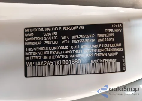 2019 Porsche Macan z USA, uszkodzony, nr VIN WP1AA2A51KLB01880